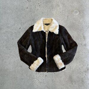 Vintage suede jacket with faux fur trim
